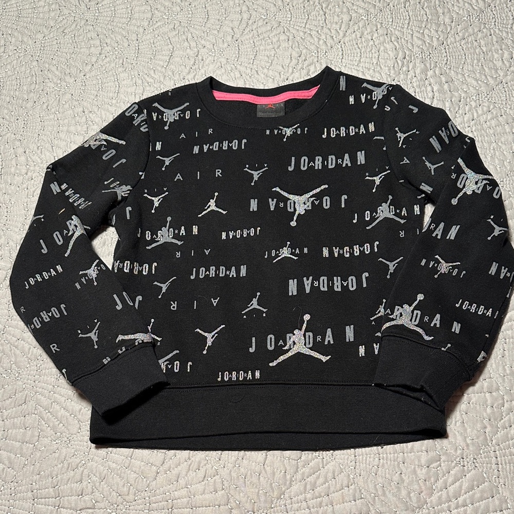 Jordan Little Girls Black and Gray with Sparkles Logo Sweatshirt, EUC, Size 6X
